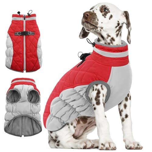AOFITEE Dog Coat, Warm Dog Jackets for Small Dogs, Dogs Winter Coat with Harness Built in, Reflective Pet Winter Jacket, Waterproof Windproof Puppy Puffer Jacket Fleece Vest, Christmas Red XL