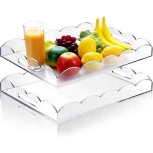 2 Pack 16 x 12 Acrylic Clear Serving Trays with Handles, Scalloped Acrylic Decorative Tray Organiser for Display Food Ottoman Coffee Tables Kitchen Countertop Bathroom Makeup