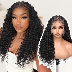 FAVE 136 HD Lace Front Braided Wigs for Black Women 22 Inch Braided Wigs with Curly Hair Pre-Braided Handmade Cornrow Braids Glueless Braid Curly Wig with Natural Baby Hair (NB)