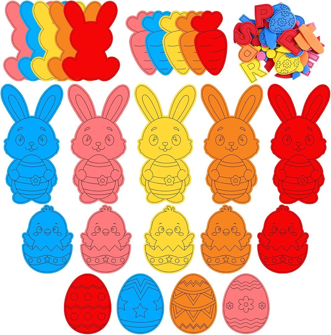 100 PCS Easter Crafts Kit for Kids DIY Foam Stickers - Bunny Eggs Baby Chicks Cutouts for Easter Bulletin Board & Classroom Decorations, Spring Party Home Wall Decor Crafts Supplies