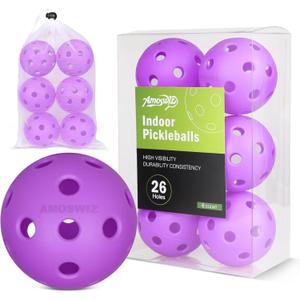 Amoswiz Indoor Pickleball Balls, 6 Pack of 26 Holes Pickleballs, USAPA Approved Indoor Pickleballs Set, High Visibility Durable Pickle Balls for Training and Tournament (6 Purple Indoor Balls with Mesh Bag)