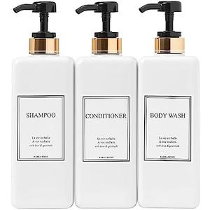 HARRA HOME Modern Gold Design Pump Bottle Set 27 oz Refillable Shampoo and Conditioner Dispenser Empty Shower Plastic Bottles with Pump for Bathroom Lotion Body wash Massage Oils, Pack of 3 (Black)