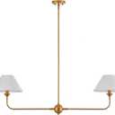 Modern Linear Chandeliers for Dining Room, Gold Island Light Fixtures with Off-White Fabric Shade, Rustic Linear Pendant Light for Kitchen