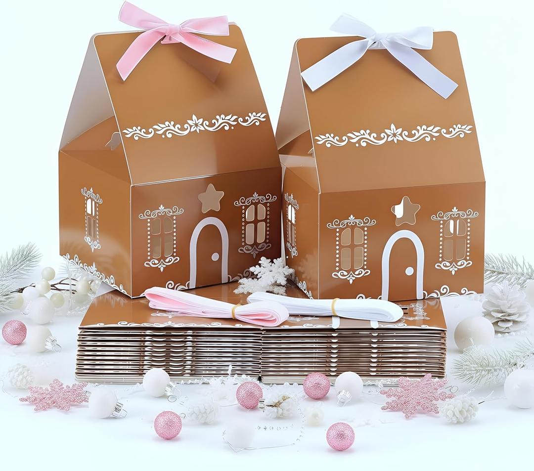 Thyle 48 Pcs Christmas Gingerbread House Gift Boxes 6.7 x 6.5 x 6.5 in Christmas Cookie Boxes Goodie Bakery Packaging with 12 White & 12 Pink Ribbon for Xmas Housewarming Holiday Treats Party Favors