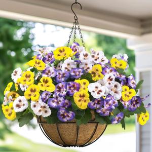 12 Bundles Artificial Hanging Flowers with Basket for Plants Outdoors,UV Resistant Fake Pansies Faux Silk Flowers for Outside Planter Garden Front Door Porch Yard Home Decor,Mix 3 Colors