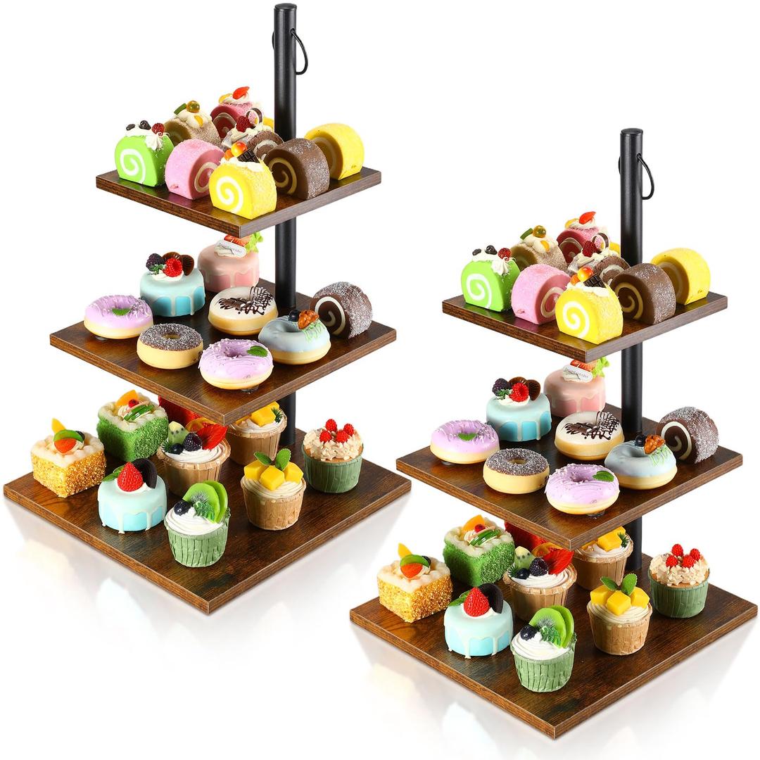 Wenqik 2 Set Cupcake Stands 3 Tier Cake Wooden Display for 100 Cupcakes Large Square Wood Dessert Stand with Metal Handle Cupcake Tower Tiered Trays Display for Wedding, Birthday, Graduation Party