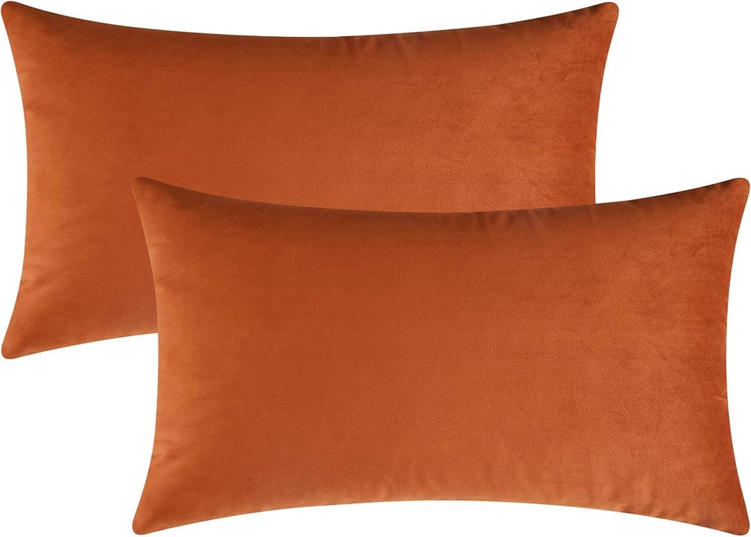 Mixhug Set of 2 Cozy Velvet Rectangle Decorative Lumbar Throw Pillow Covers for Couch and Bed, Burnt Orange, 12 x 20 Inches