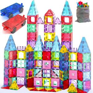 Upgraded Antibacterial Magnetic Tiles - 106 PCS Magnet Building Tiles with 2 Cars for Kids, Inhibits Bacterial Growth for Safe Play, 3D STEM Educational Construction Blocks & Xmas Gift