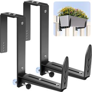 Window Box Brackets, Adjustable Planter Box Brackets, Heavy Duty Iron Flower Box Bracket for Deck Railing with Upgraded Bottom Support - Ideal for Balconies, Fences, and Gardens (2 Pack)