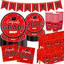 Graduation Decorations 2026 Disposable Red Graduation Tableware Kit for 25 Guests Plates Napkins Cups Tablecloth Hanging Graduation Party Decorations 2026