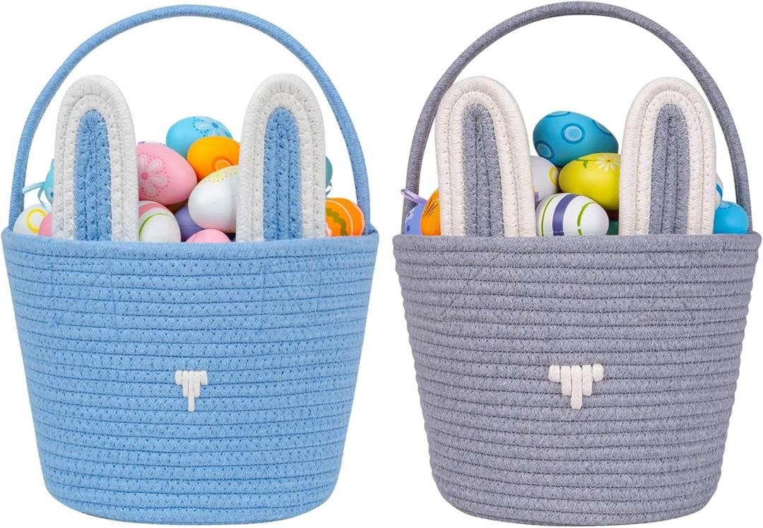 CubesLand Baby's First Easter Basket Set  2Piece Empty Easter Egg Hunt Basket for Boys & Girls, Cute Bunny Rabbit Buckets with Ears for Kids, Toddlers, Children