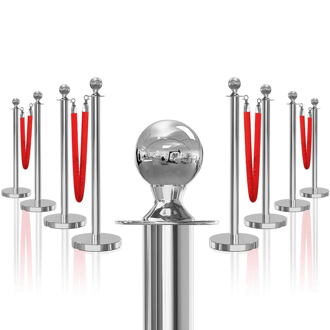 8PCS Silver Stanchions Posts with 4PCS 5 ft Red Velvet Rope, Crowd Control Barriers, Stanchions and Velvet Ropes Red Carpet Poles for Party Supplies