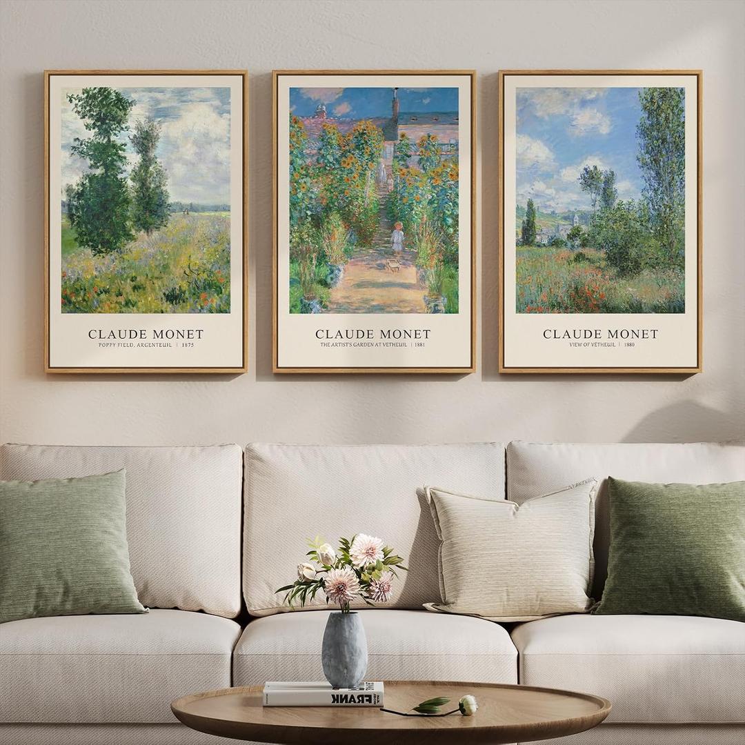 3 Piece Framed Claude Monet Landscape Wall Art for Living Room, 16x24 Inch, 16"W x 24"Hx3Pcs