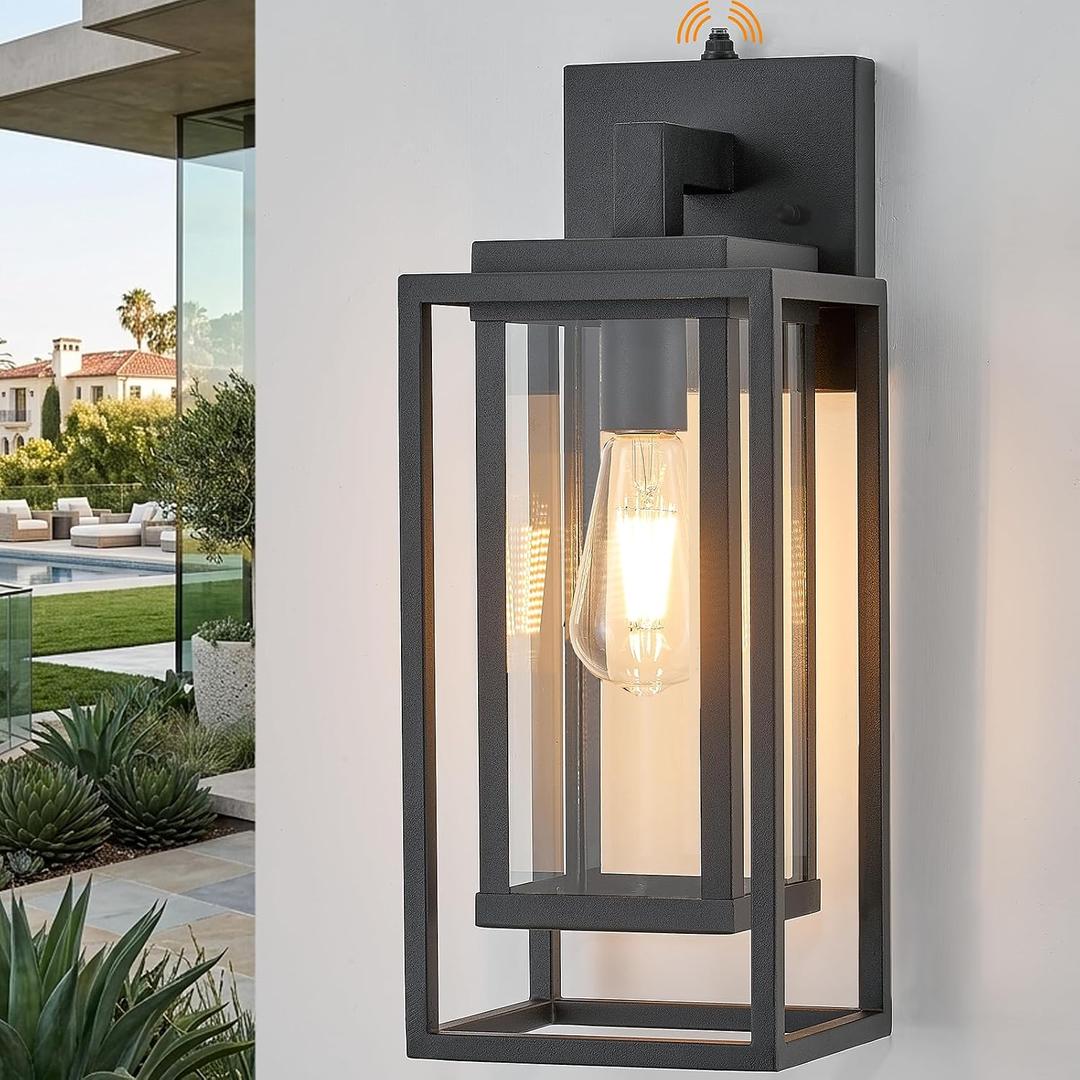 18" Dusk to Dawn Outdoor Wall Light Fixtures with Photocell Sensor Auto On Off, Waterproof Exterior Lantern,Double Cage Satin Black Clear Tempered Glass, Wall Sconce for Patio Front Door Porch Garage