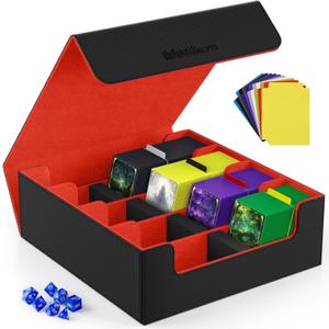 Mlikero Card Deck Case, 2400+ Trading Card Storage Box with 10 Colorful Dividers and 4 Foam Stoppers, Leather Magnetic Closure Commander Deck Box Fit for MTG, TCG (4 Rows, Black&Red)