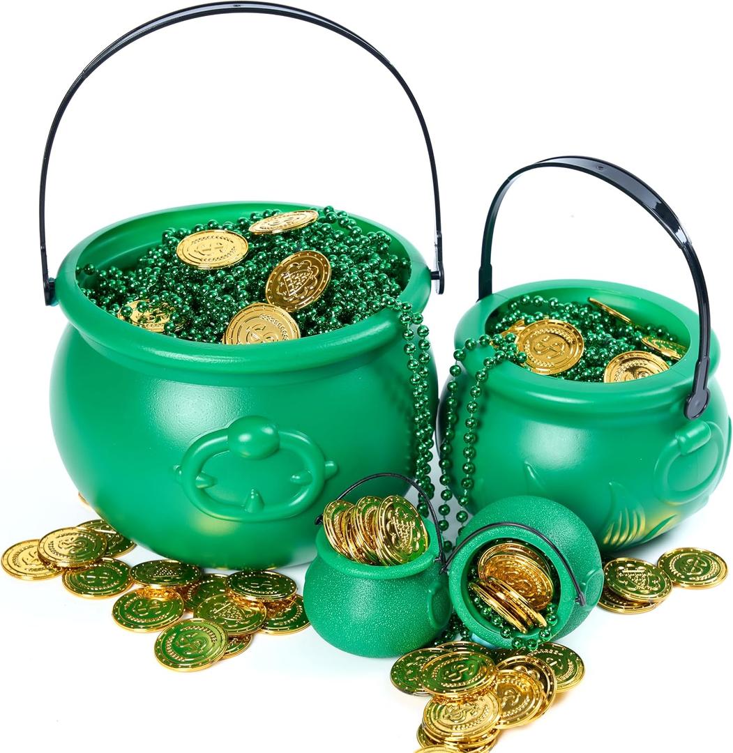 JOYIN 4PCS St.Patrick's Day Green Cauldrons with Handle Party Supplies Set with 1 Pcs Large, 1 Medium and 2 Small Plastic Lucky Leprechaun Pots for Saint Patricks Pot of Gold Party Decorations, 7.5*6 Inches