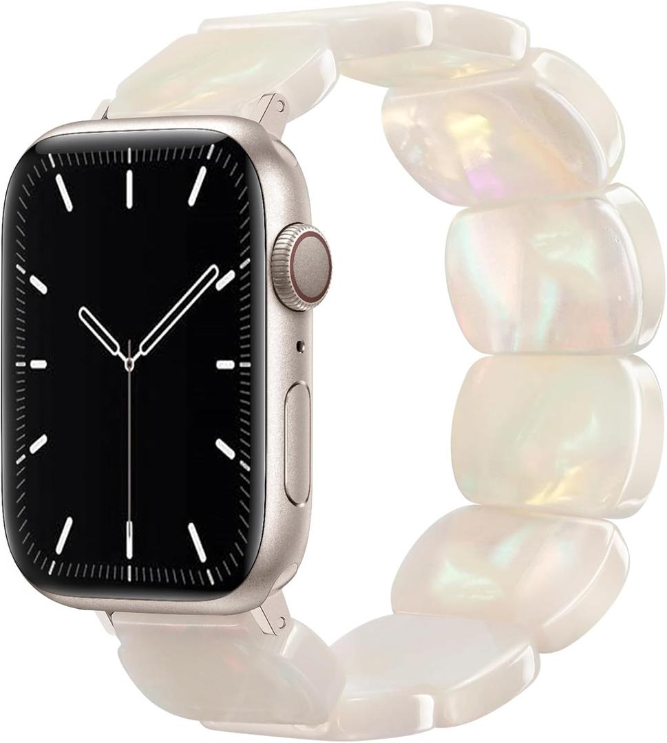 Newlibery Resin Stretchy Watch Bands Women Compatible with Apple Watch 38mm 40mm 41mm 42mm (S11/10) Tortoise Light Bracelet Beaded Elastic Strap for iWatch Series11/10/9/8/7/6/5/4/3/2/1/SE/Ultra (S) (Ivory White)