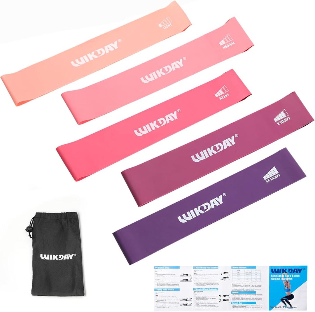 WIKDAY Resistance Bands for Working Out Exercise Loop Bands Workout Bands Set for Men Women Body Stretching, Crossfit Training, Home Workout, Physical Therapy, Booty Legs, Set of 5 (Pink Purple)