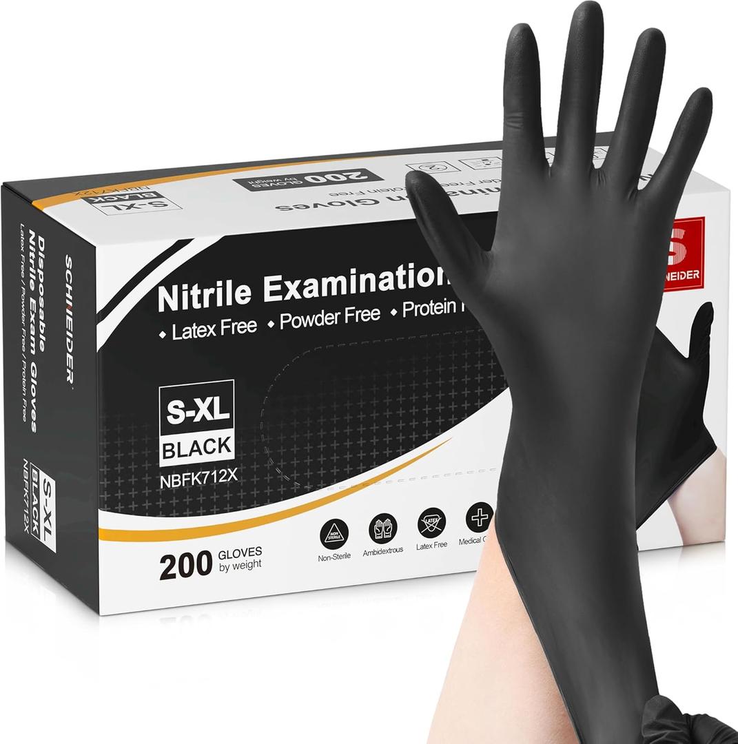 Schneider Nitrile Exam Gloves, 4 Mil Black Gloves Disposable Latex Free Powder Free, Food Safe for Cooking, Food Prep, Clean (Medium)