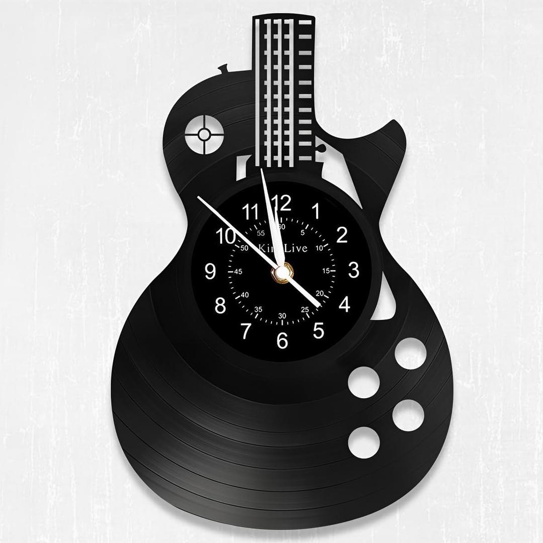 KingLive Guitar Vinyl Wall Clock Gifts for Holiday,Black Guitar Music Wall Clock Instrument Art Unique Gifts for Men Women Guitar Player for Birthday Wall Decor