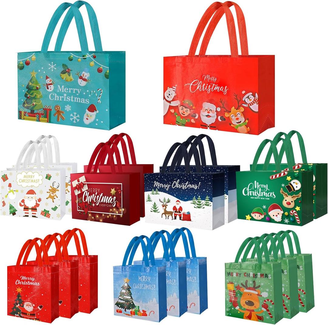 IPQXE 22 Pack Christmas Gift Bags Assorted Sizes- Reusable Tote Bags Non-Woven, Xmas Shopping Bags with Handles, for Christmas Treat Bags, Gifts Wrapping, Xmas Party Supplies 2 Large 8 Medium 12 Small