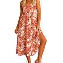 Women's Sleeveless Tiered Midi Dress Boho Beach Vibes Print Square Neck Flowy Casual Summer Dress (US, Alpha, Medium, Regular, Regular, Sea) (Orange, M)