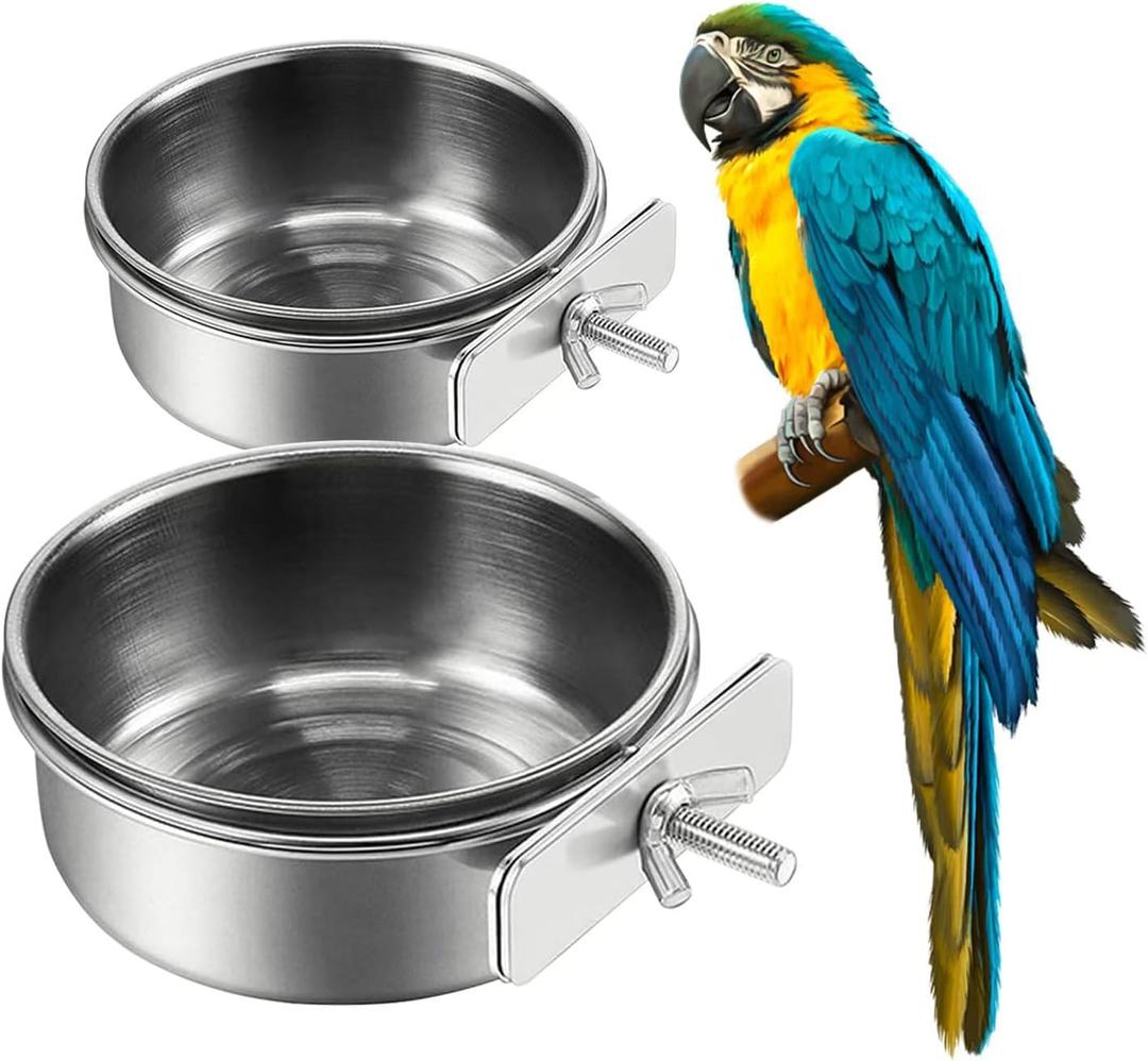 2Pcs Stainless Steel Bird Feeding Bowls, Small Bird Feeding Cup, Stainless Steel Parrot Food Bowl Cage with Holder, Parrot Cage Water Feeder, Pet Cage Cup Holder (Dia 3.93", 4.72",)