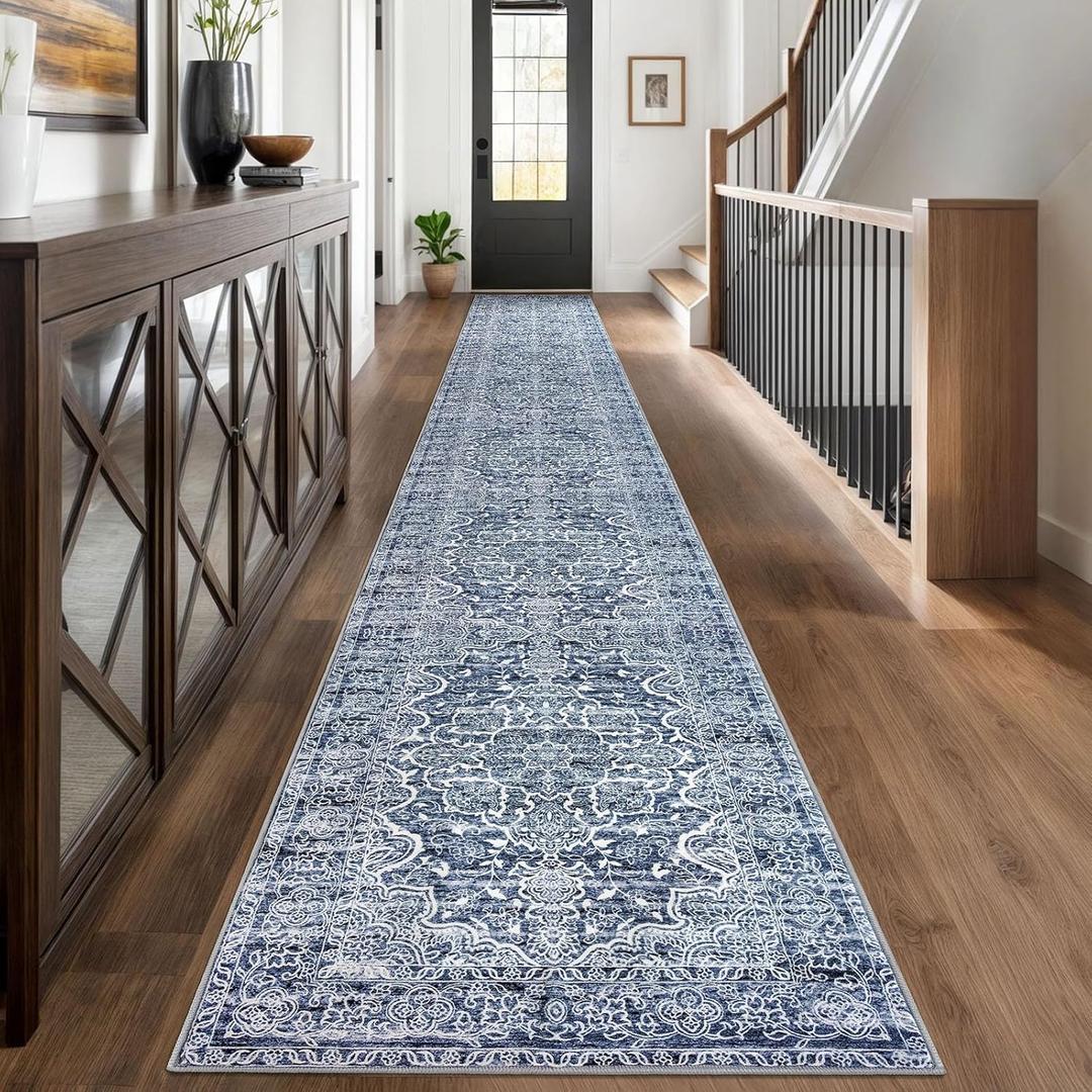 KUTA Extra Long Runner Rug for Hallway 2.6x18ft, Blue White Vintage Washable Kitchen Rugs, Non-Slip Stair Runners Indoor Ultra Soft Printed Floral Medallion Carpet for Bedroom Living Room Nursery