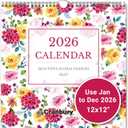 CRANBURY 2026 Wall Calendar 12x12, Floral Hanging Monthly Planner, Large Grid, Square Wall Calendar, from January to December 2026