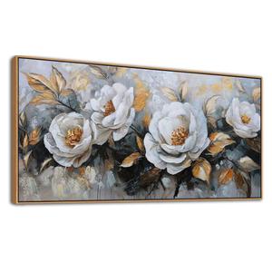 HKDGOKA Large Vintage Canvas Wall Art, White Gold Peony Flowers Paintings Abstract Floral Golden leaves Framed Artwork Picture for Living Room Bedroom Kitchen Home Office Decor 24x48 IN