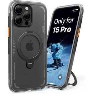 TORRAS Ostand Q3 Air for iPhone 15 Pro Case with 360 Magnetic Stand, Fit for MagSafe, Mil-Grade Drop Tested, Camera Control Button, Shockproof Phone Case for iPhone 15 Pro 6.1", Shadow Black