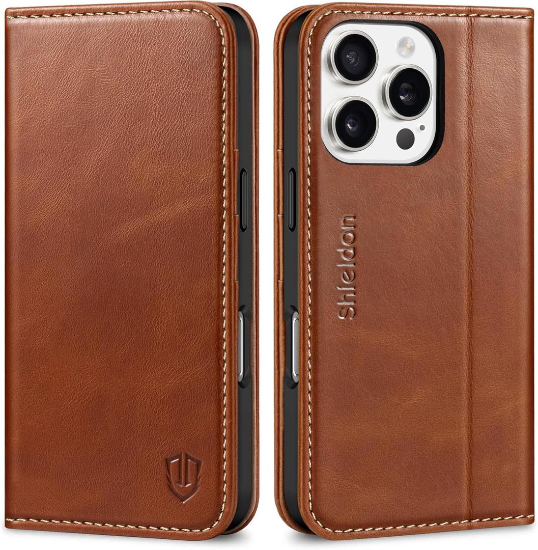 SHIELDON Wallet Case for iPhone 16 Pro 6.3" 2024, Genuine Leather Folio Magnetic Closure RFID Blocking Card Holder Kickstand Full Protection Phone Case Compatible with iPhone 16 Pro - Retro Brown