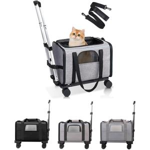 Pet Trolley Bag, Detachable Rolling Carrier for Small Dogs Cats Portable Pet Travel with Telescopic Handle and Shoulder Strap, for Airplane Car (Black with White Edges)