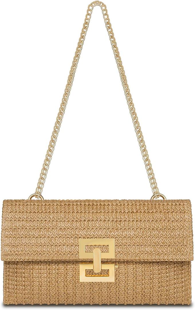 Straw Clutch Purse for Women Designer Evening Handbag Summer Beach Shoulder Crossbody Bag (Chain-color Khaki)