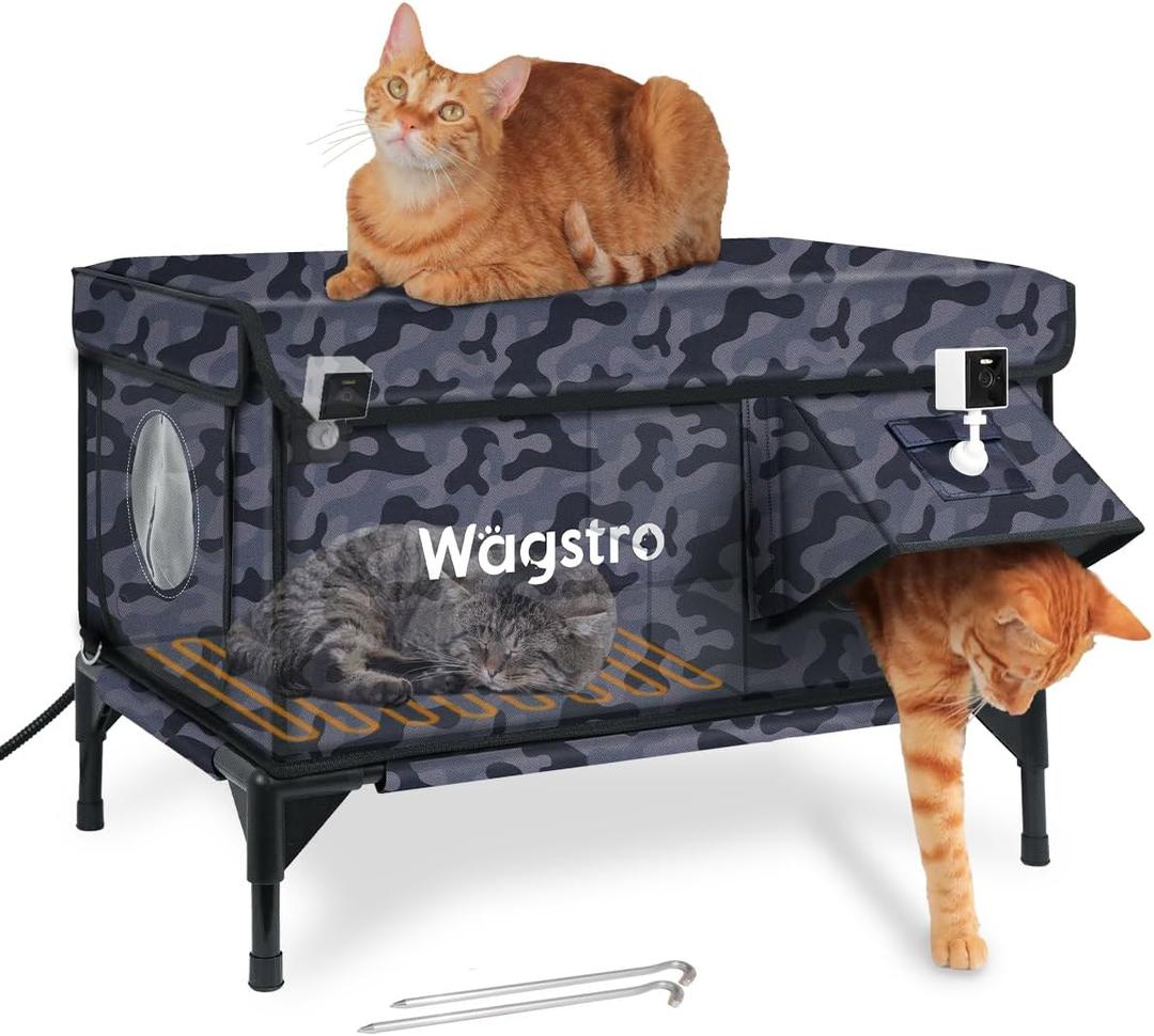 Heated Cat House for Outside with Smart Pet Camera, Highly Elevated with Escape Door, Insulated Waterproof Outdoor Cat House Shelter for Feral Stray Barn Cat (Camo Black, 25.6"x16.5"x18.5")