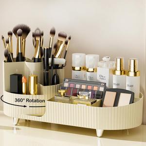 360 Rotating Vanity Makeup Organizer with Brush Holder, Large Spinning Cosmetic Storage for Skincare, Perfumes and Lotions (Ivory)