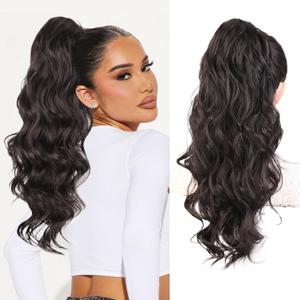Stamped Glorious Ponytail Extension 22" Long Body Wave Ponytail Synthetic Heat Resistant Drawstring Pony Tail Hairpieces for Women(Black Brown)