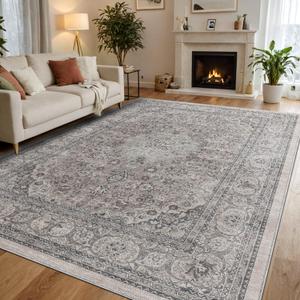 DEXI Area Rugs for Living Room, 4x6 Washable Low Pile Floral Rug for Bedroom, Non Slip Indoor Carpet for Dining Office Nursery, Grey