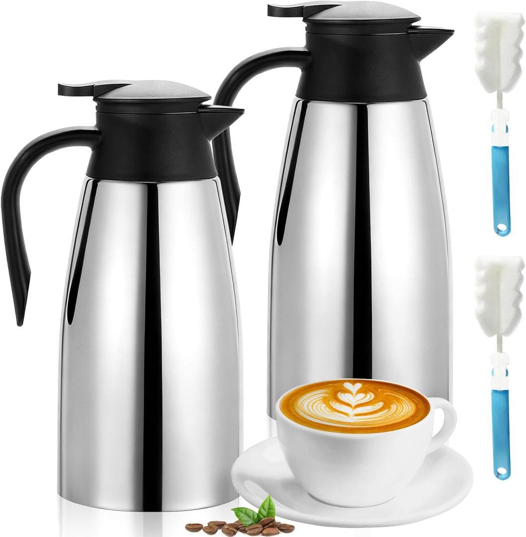 2 PCS 68 OZ Thermal Coffee Carafe Stainless Steel Creamer Pitcher Double Walled Vacuum Insulated Pitcher Thermal Hot Pot Flask with Brushes for Keeping Hot Coffee Tea (Silver)