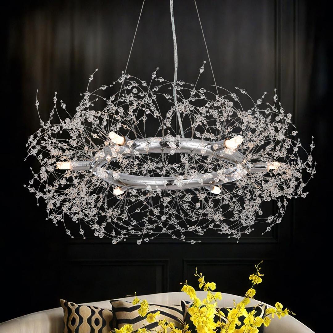 Macarena Modern Crystal Chandelier Dining Room Light Fixtures Silver Firework,Chrome Large Round Pendant Hanging Lighting for Bedroom Living Room Entryway Closet Bathroom Kitchen