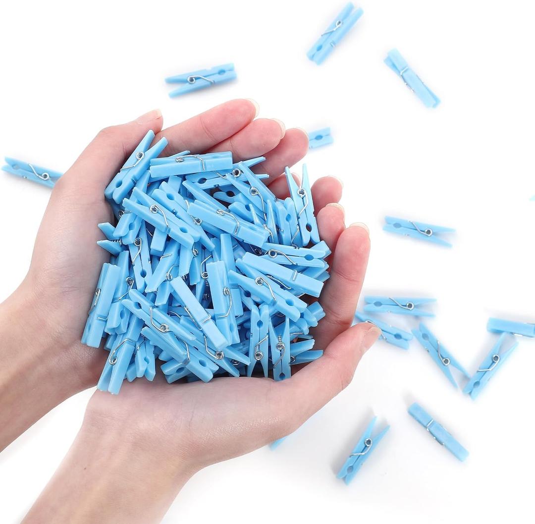 100PCS Baby Shower Clothespins Games Boy Plastic Clothes Pin with Storage Bag Mini Blue Pin Bulk 1.4 inch for Party Decorations, DIY Crafts