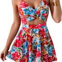 B2prity Women Cutout One Piece Skirt Swimsuit V Neck Wrap Tie Back Swimdress Tummy Control Bathing Suits Slimming Swimwear L