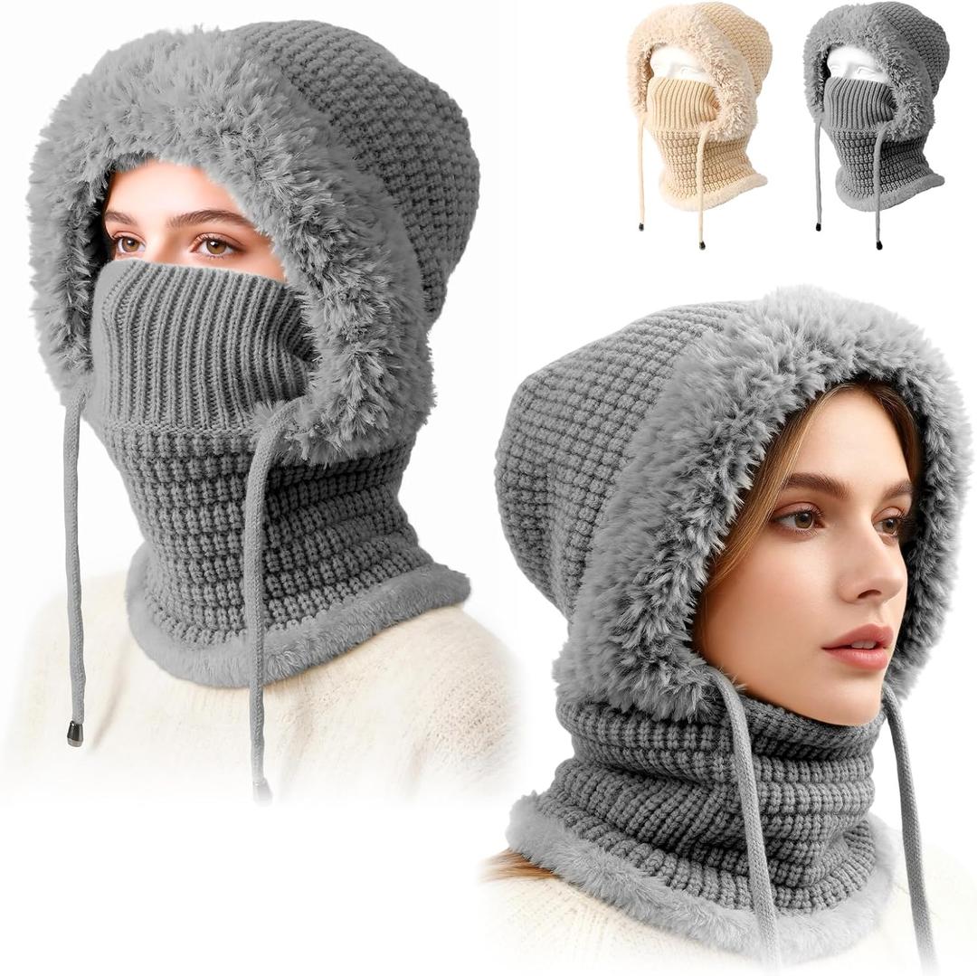 3 in 1 Beanie Hat for Women, Womens Balaclava Winter, Upgraded 3-in-1 Cold Knitted Hats Wind Resistant Hooded Scarf (Gray)