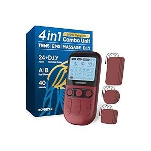 4 in 1 - D.I.Y & Tens Unit & EMS & Massage Muscle Stimulator, Dual Channel Therapy Machine for Pain Relief, FDA Cleared Rechargeable Electronic Pulse Massager,with 12pcs Electrode Pads (RED)