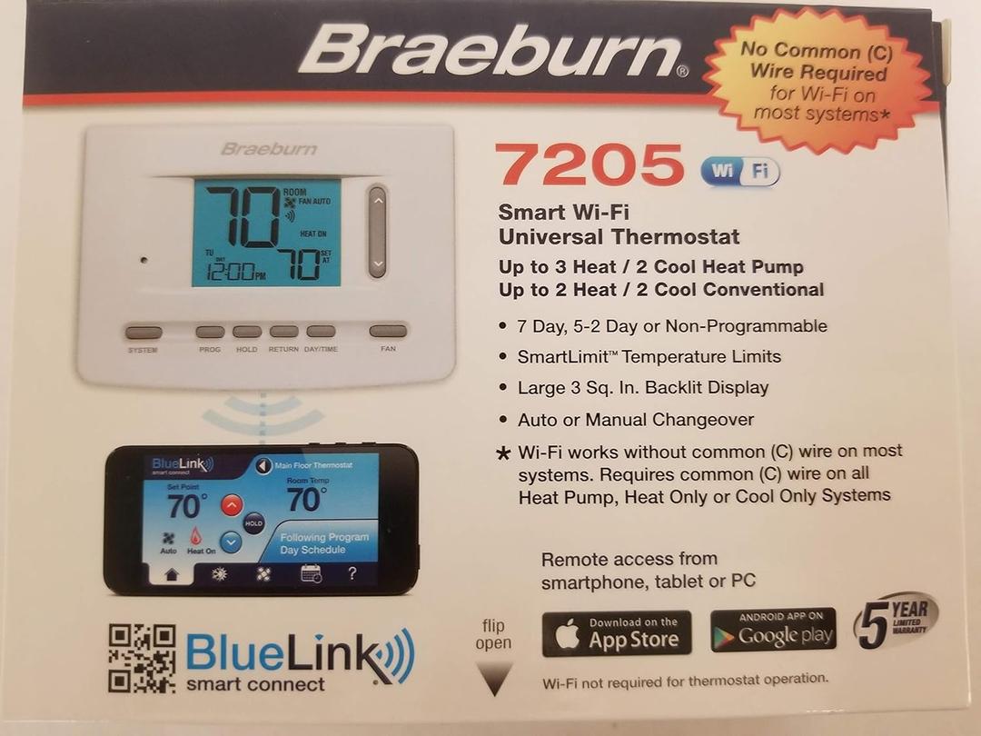Braeburn 7205 Digital Programmable Wi-Fi Thermostat, White