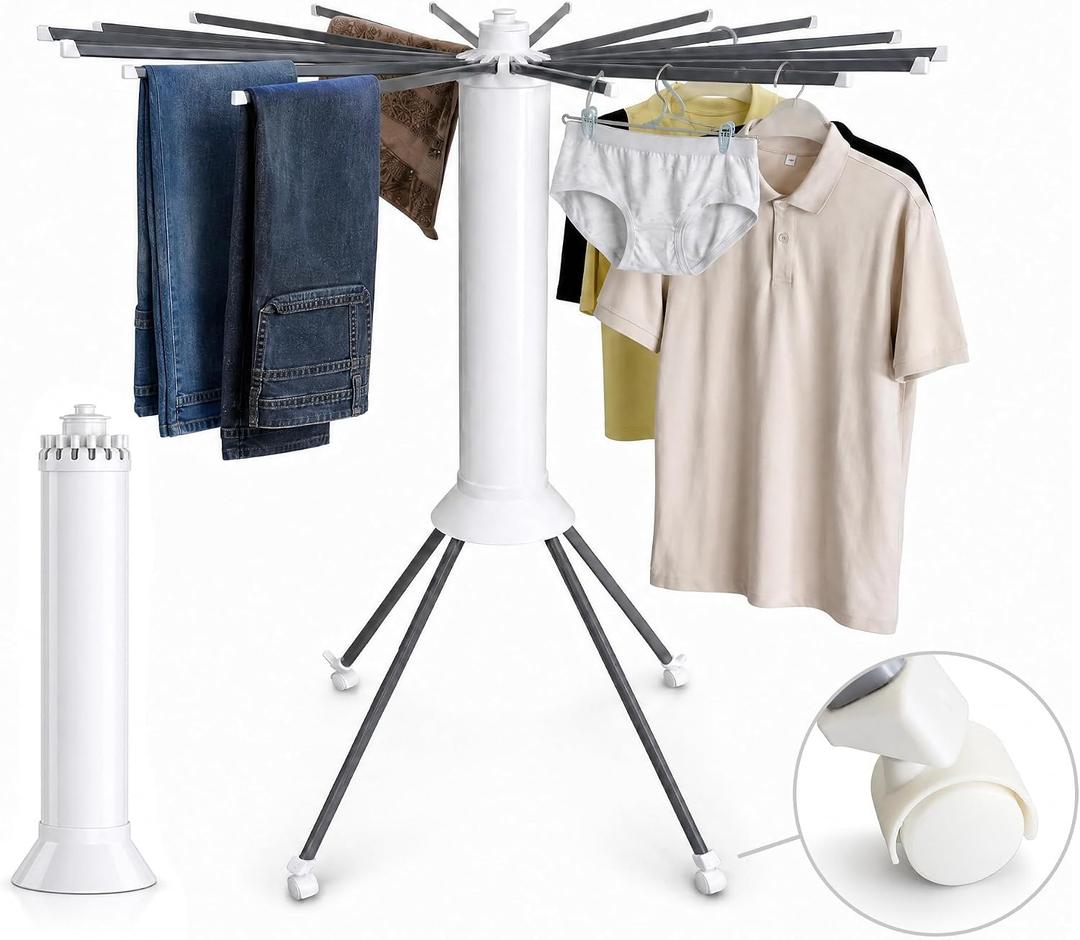 Clothes Drying Rack Foldable with Rolling Wheels, Portable Laundry Drying Rack with 16 Aluminum Arms, Stable 4-Leg Base, 360° Rotating Design for Indoor Outdoor (Single-tier without shoe rack)
