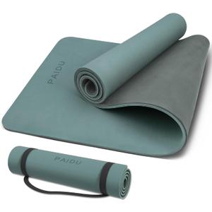 PAIDU Yoga Mat Non Slip Anti-tear,extra thick-2/5 inch10MMHigh Resiliency Professional POE Yoga Mats for Women Men Kids,72"x24"inch,Workout, Yoga, Pilates and Floor Exercise, with Carrier Strap (Deep green+Gray.)