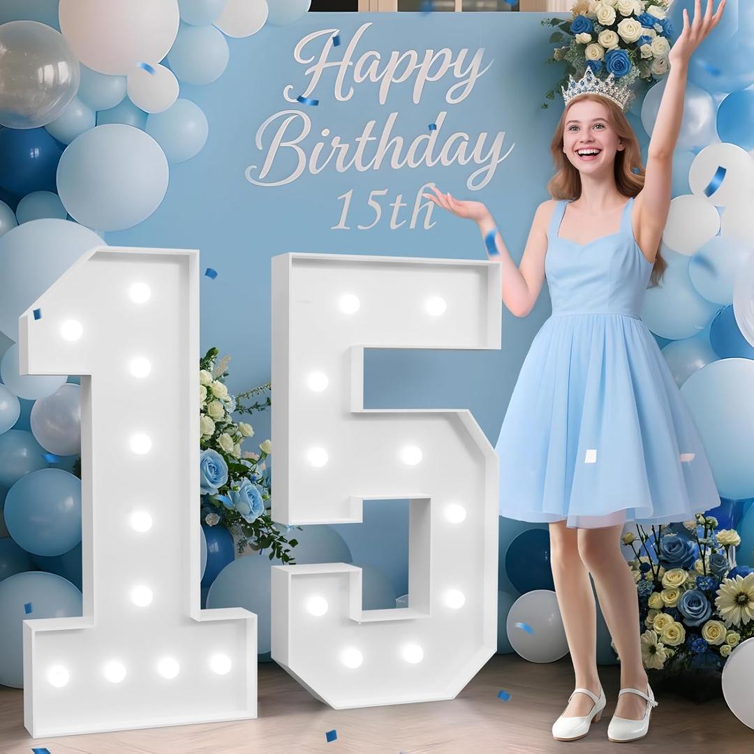 4FT 15 Marquee Numbers, 15 Light up Numbers for Party, Numero 15 Decoracion para Quinceaera, 15th Birthday Decorations, Big 15 Sign with Light for Anniversary, Birthday Backdrop Decor
