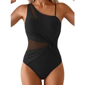 Aidonger One Shoulder One Piece Swimsuit for Women Mesh Tummy Control Bathing Suit Twist Swimwear with Removable Strap, M