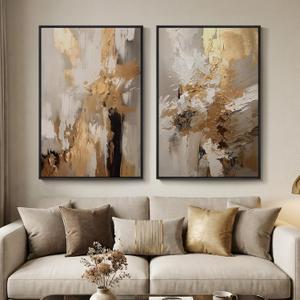 2 x Large Framed Neutral Abstract Wall Art, 2 Piece Modern Canvas Prints Paintings, Beige Gold Abstract Pictures for Living Room Hallway Dining Room Bedroom Office Wall Decor 24x36 In
